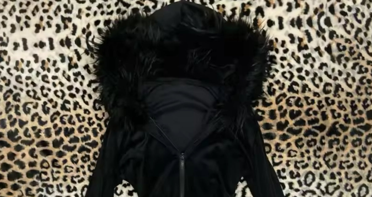 Black faux fur hooded jacket with rhinestone details