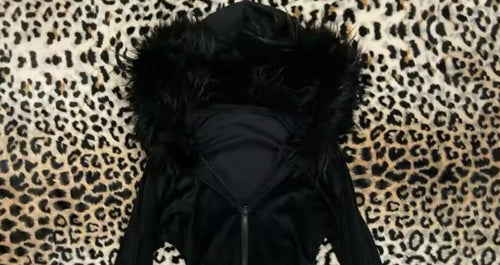 Black faux fur hooded jacket with rhinestone details