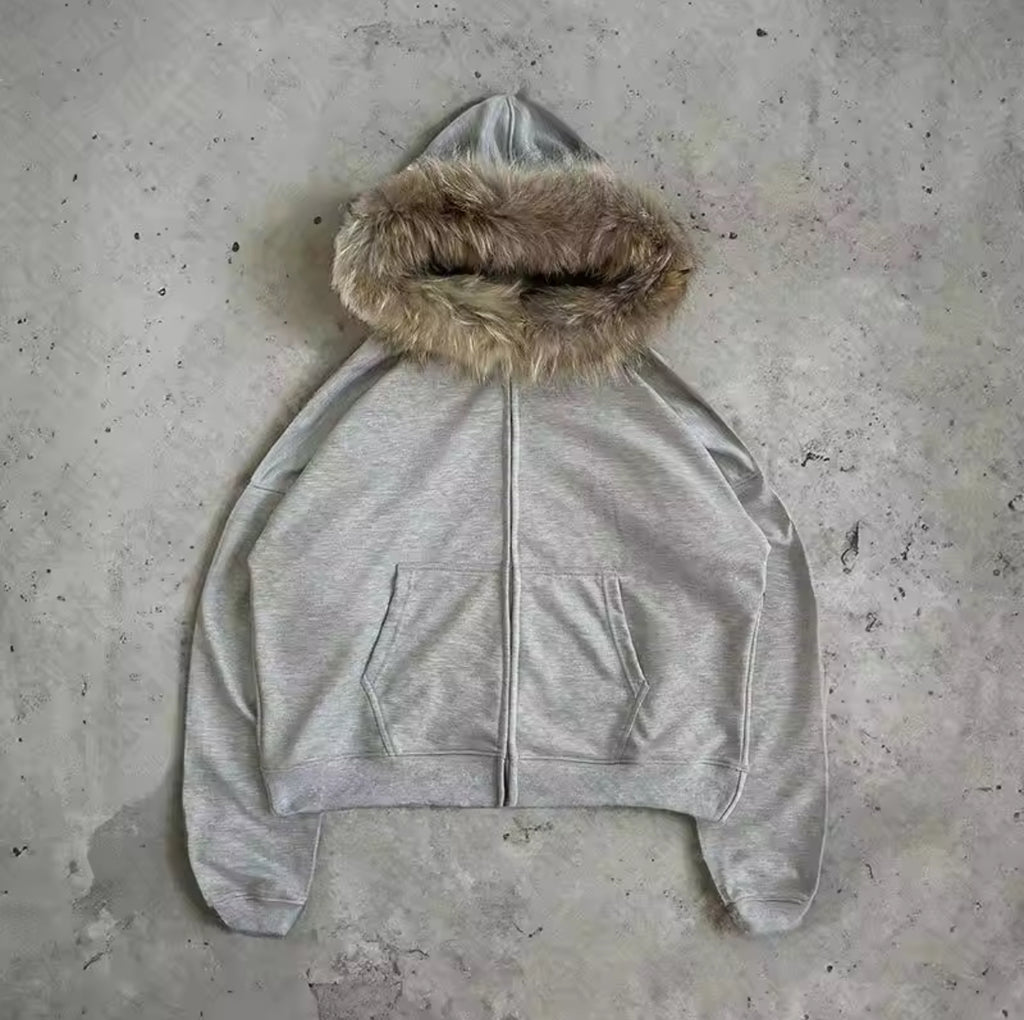 Dark Faux Fur Collar Harajuku Hiphop Y2K Zip up hoodie Oversized Punk Zipper Hoodie