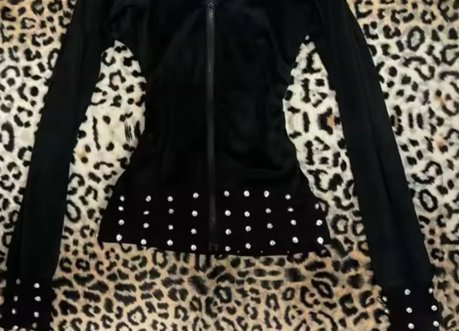 Black faux fur hooded jacket with rhinestone details