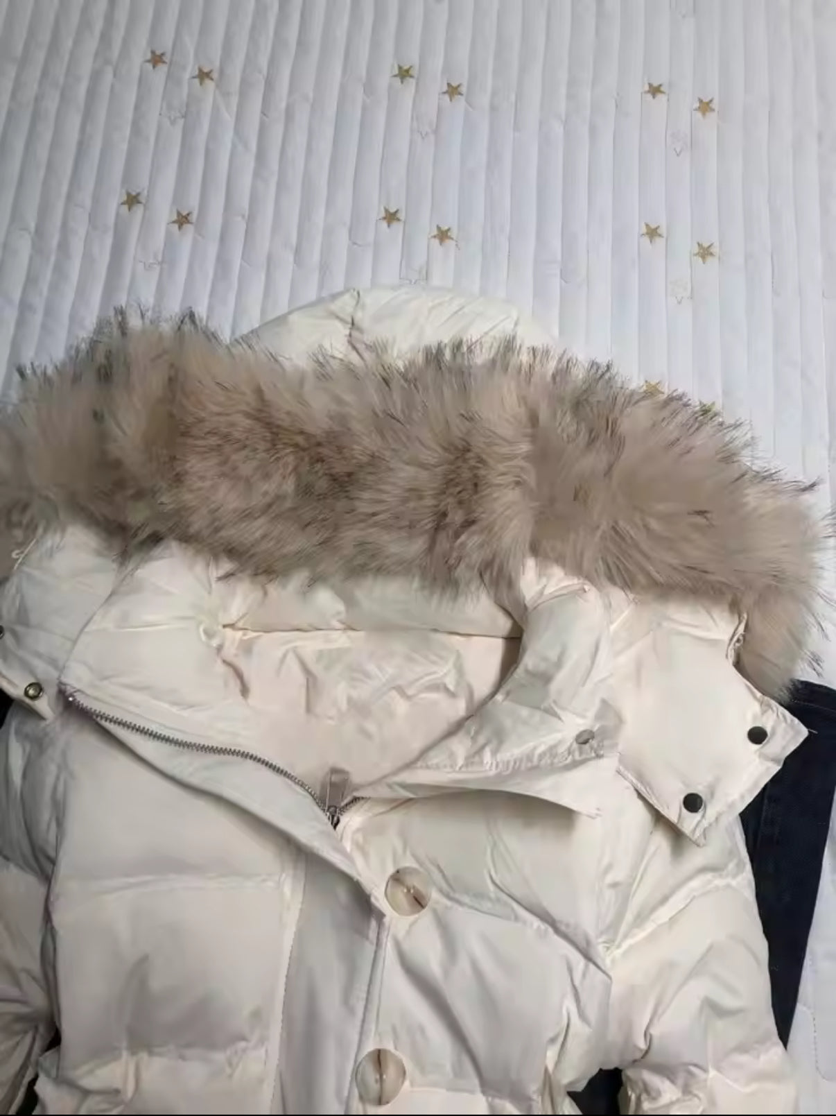 White puffer jacket with fur hood
