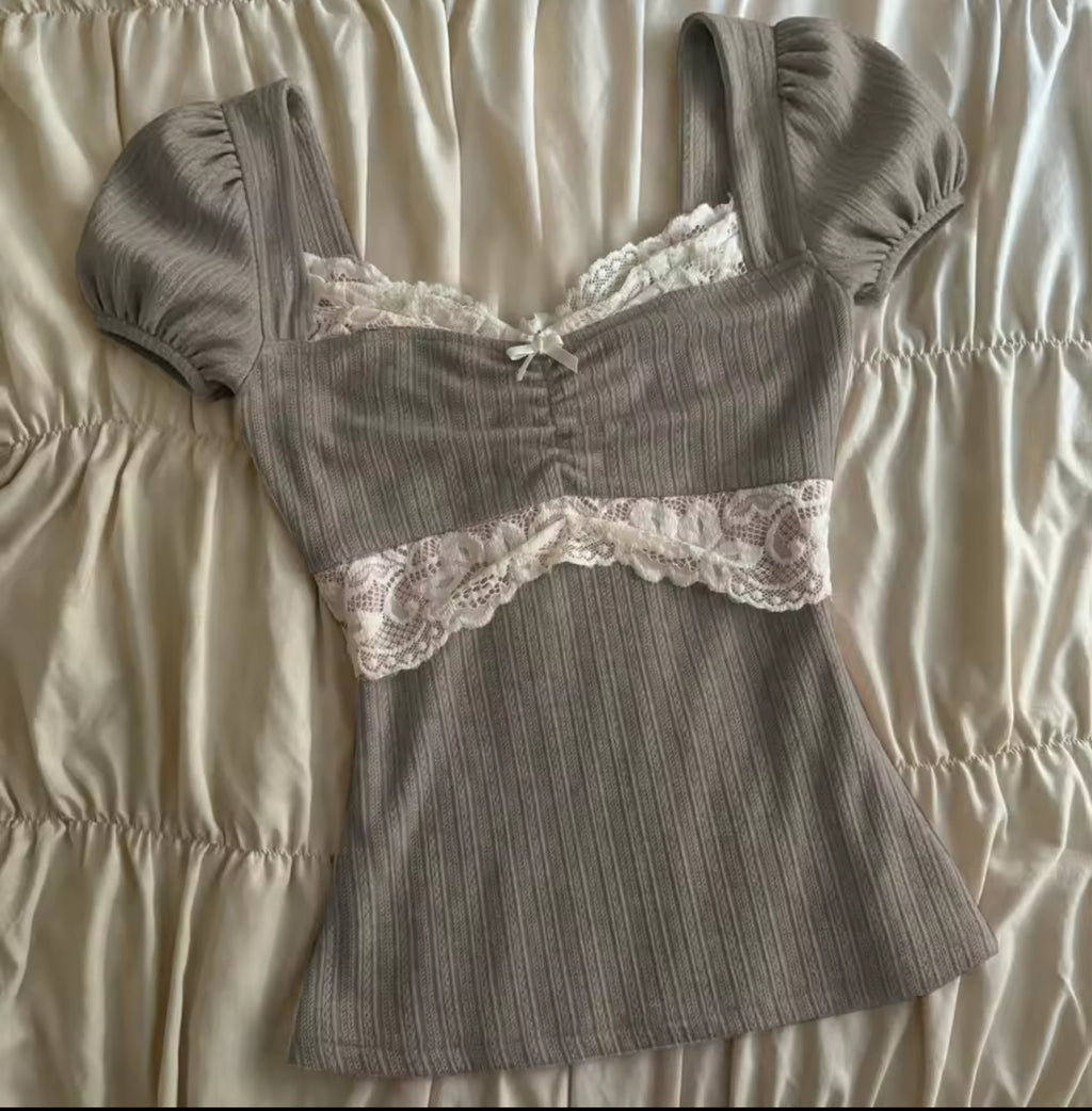 Grey Lace Top With Puffy Sleeves