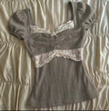 Grey Lace Top With Puffy Sleeves