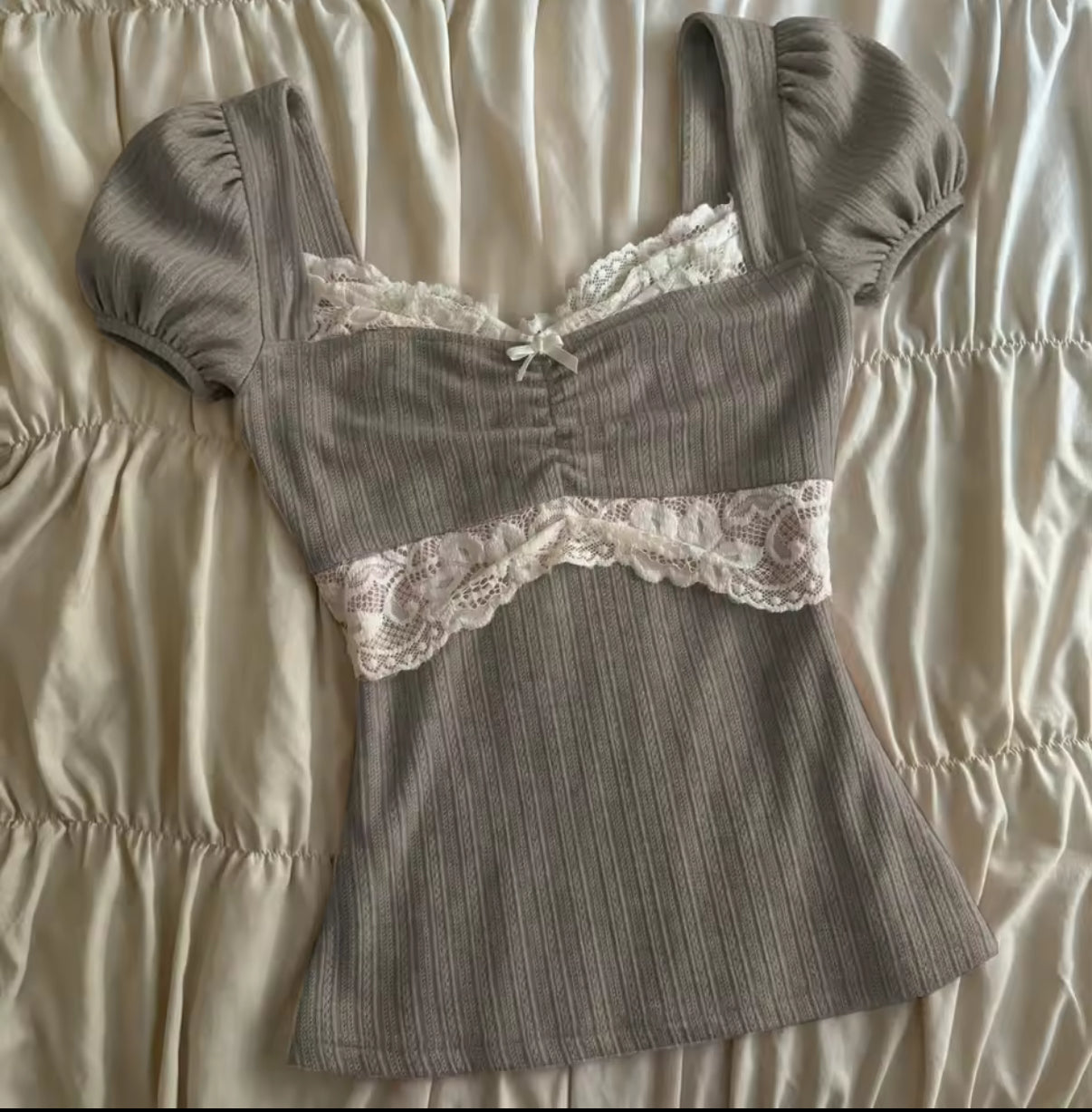 Grey Lace Top With Puffy Sleeves