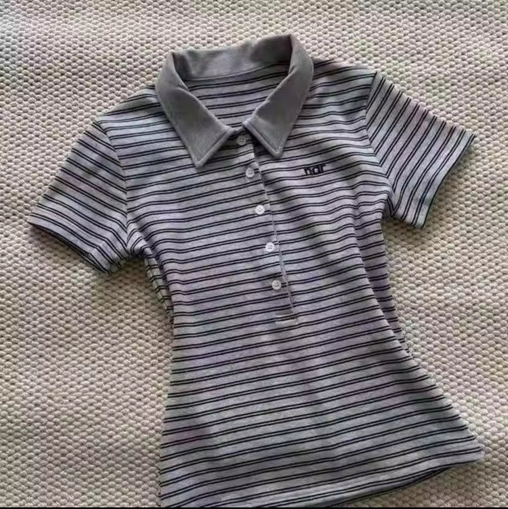 Deeptown Vintage Striped Polo Shirts Women Retro 90s Preppy Style Short Sleeve T-shirts Casual Basic