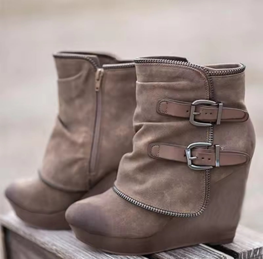 Brown suede wedge boots with buckle detail