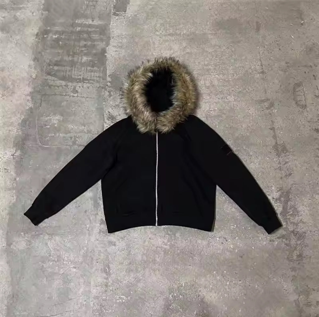 Dark Faux Fur Collar Harajuku Hiphop Y2K Zip up hoodie Oversized Punk Zipper Hoodie