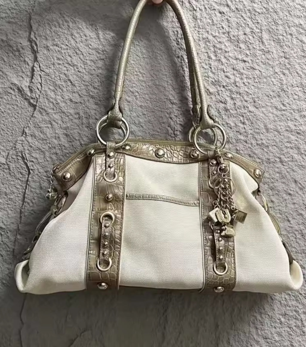 Cream and Brown Croc Print Handbag with Silver Chain accessories