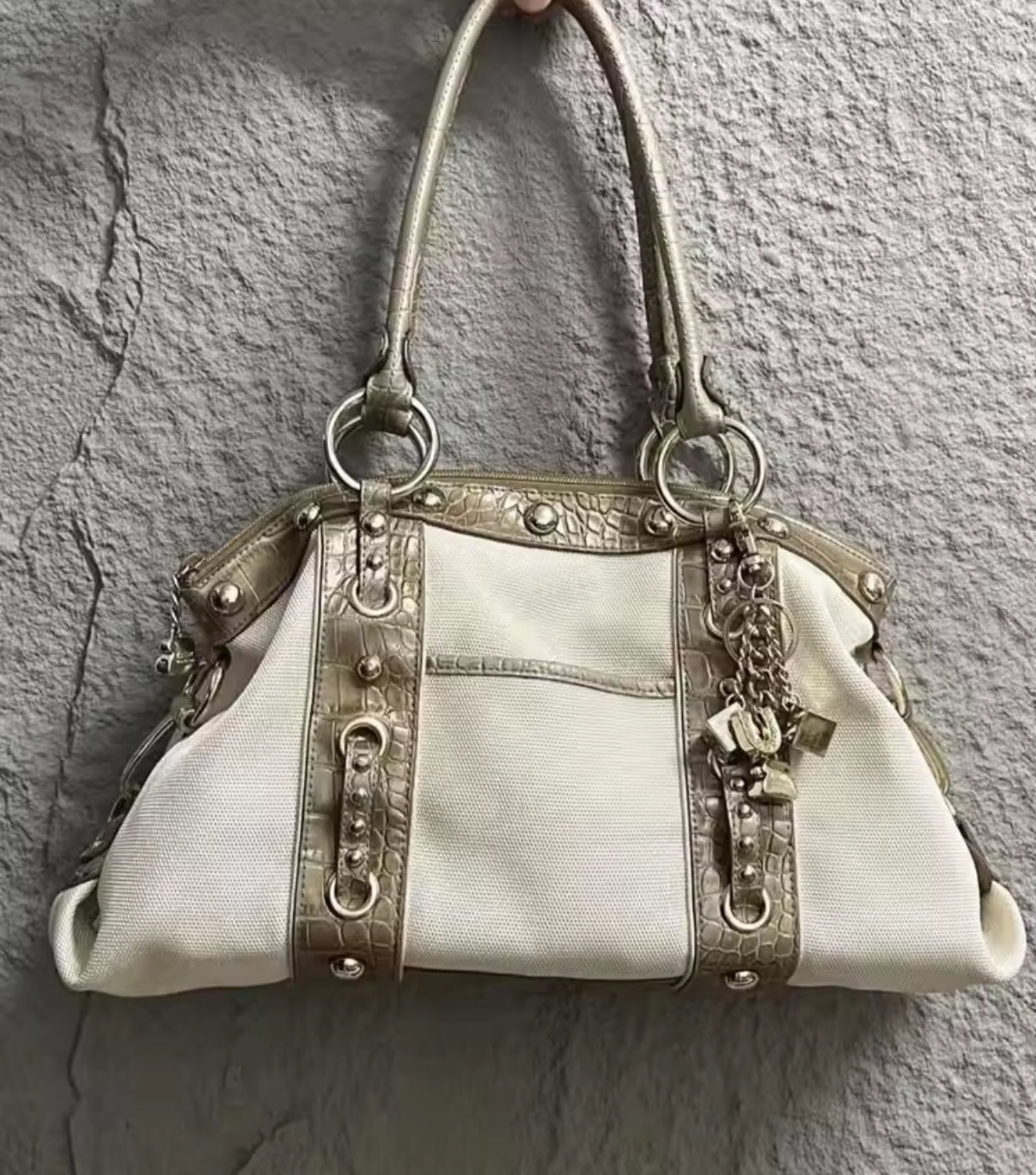 Cream and Brown Croc Print Handbag with Silver Chain accessories