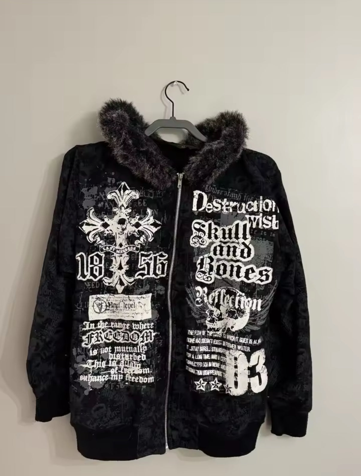 Y2K White Fur collar sweatshirt Gothic Retro Pattern Super Dalian Hat Zipper Sweatshirt