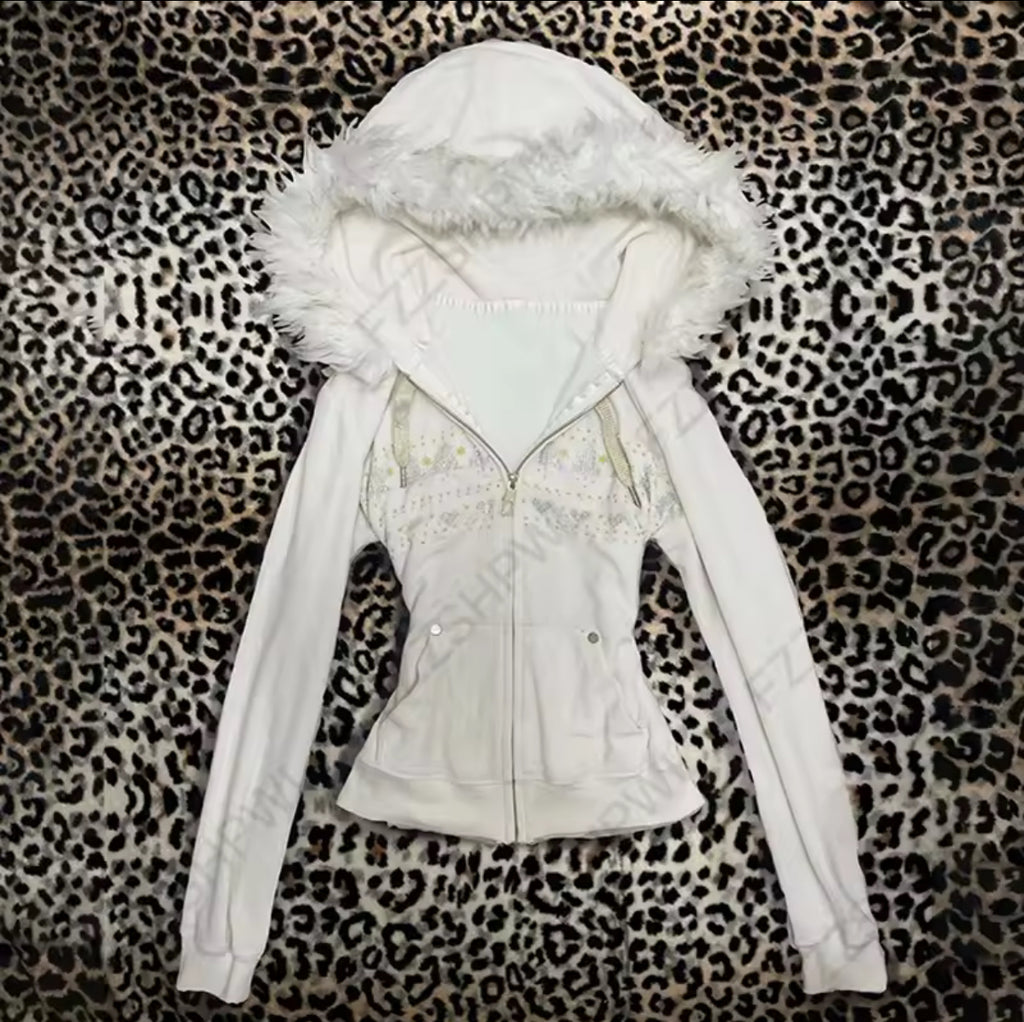 White faux fur hooded jacket with zipper