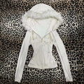 White faux fur hooded jacket with zipper