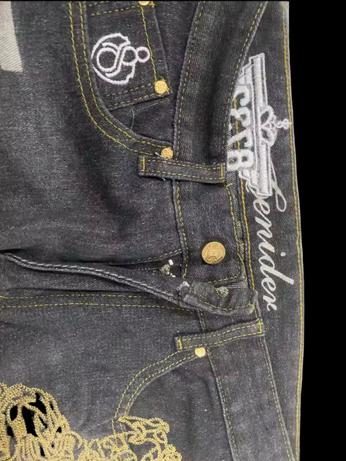 Black denim jeans with embroidered design