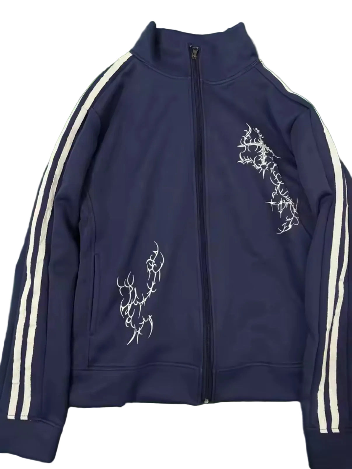 Navy blue zip up jacket with white stripes