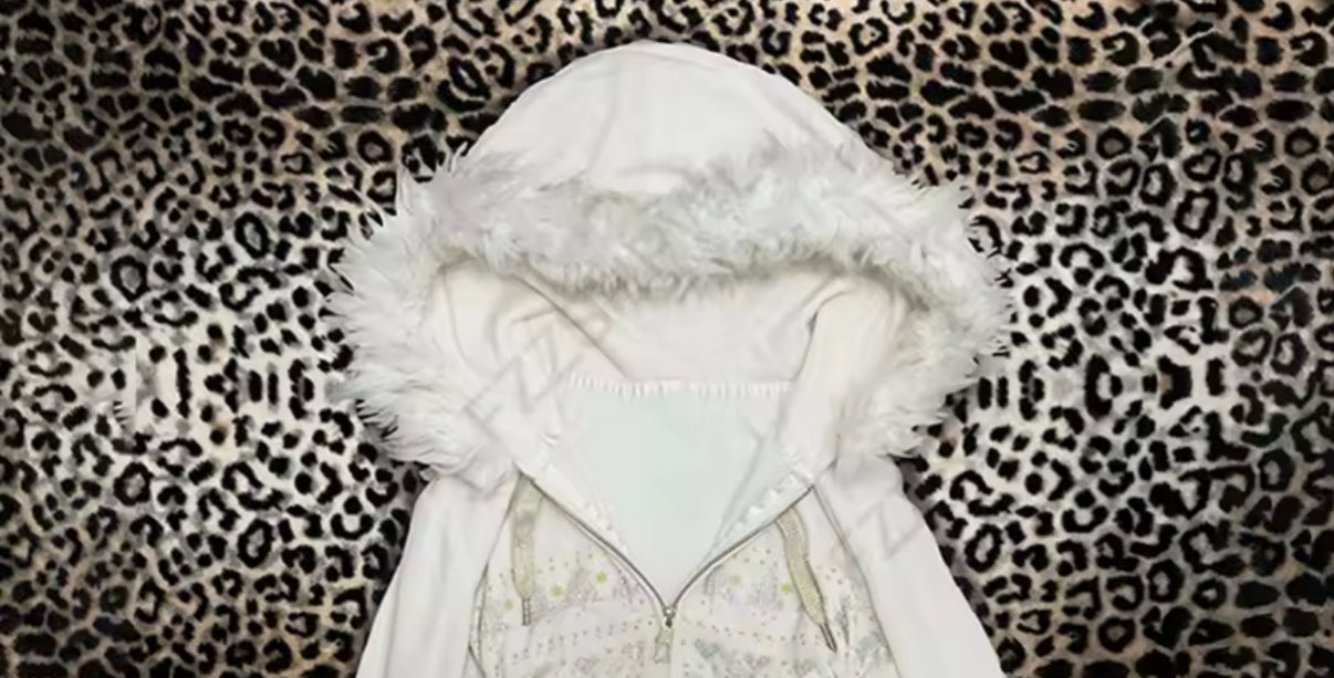 White faux fur hooded jacket with zipper