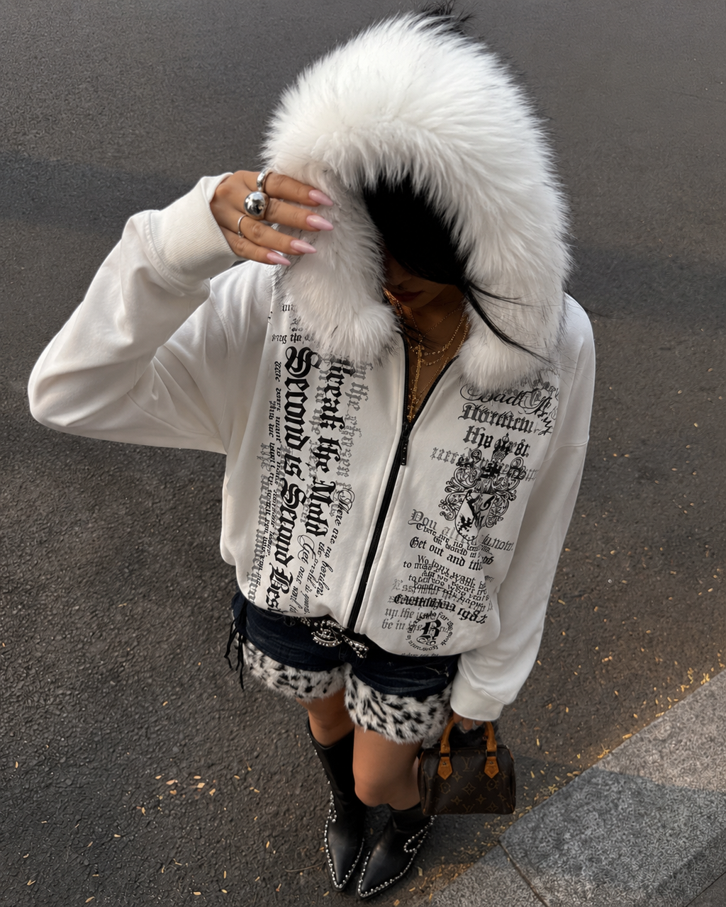 Y2K White Fur collar sweatshirt Gothic Retro Pattern Super Dalian Hat Zipper Sweatshirt