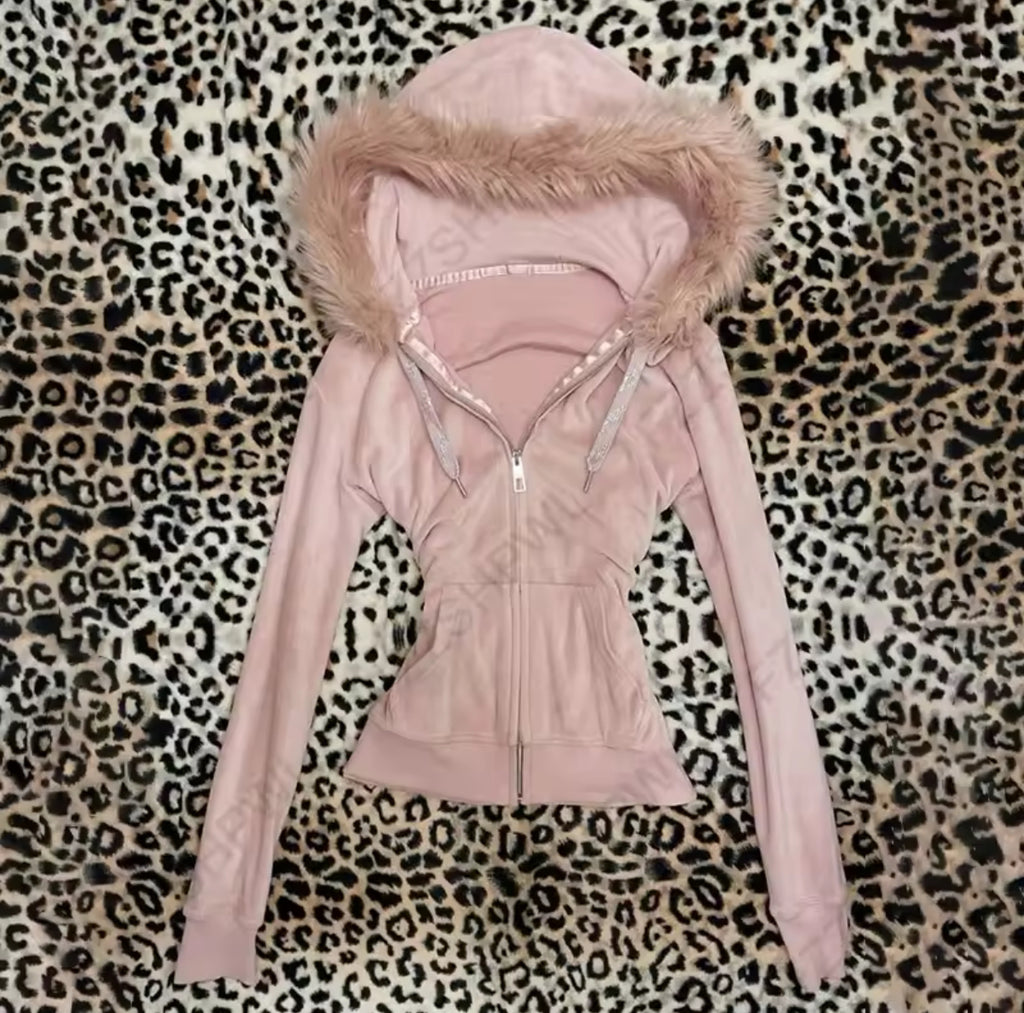 Pink faux fur lined zip up hoodie