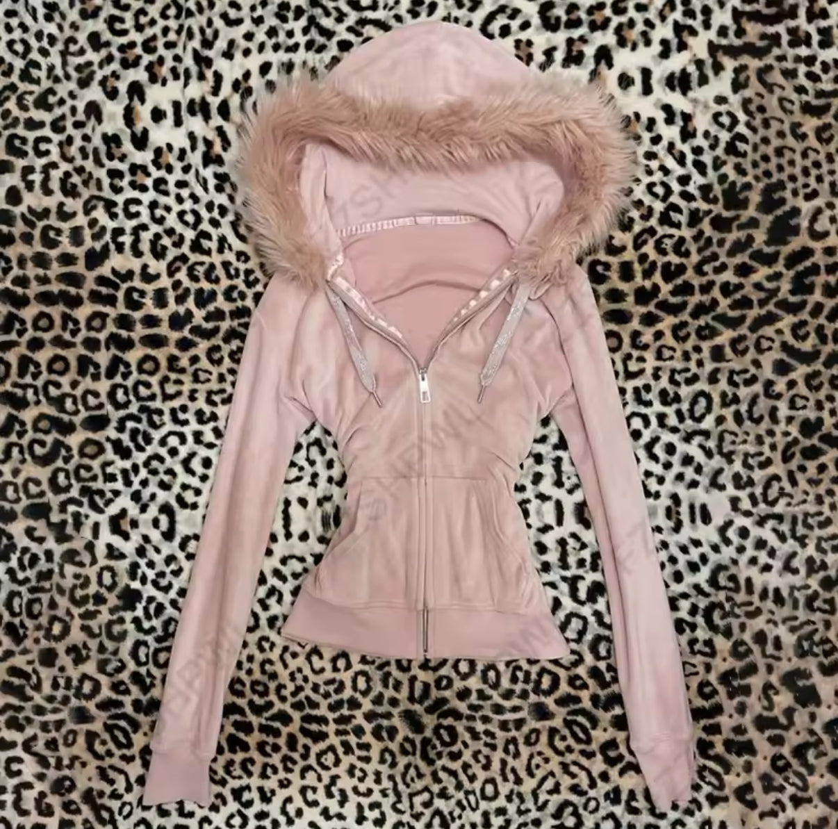 Pink faux fur lined zip up hoodie