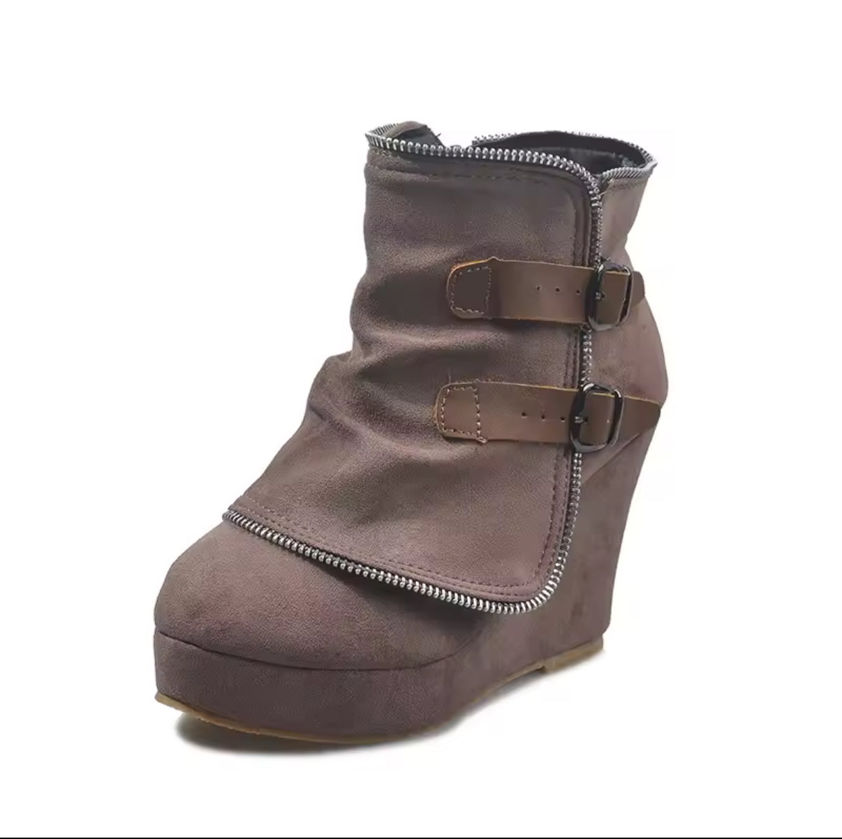 Brown suede wedge boots with buckle detail