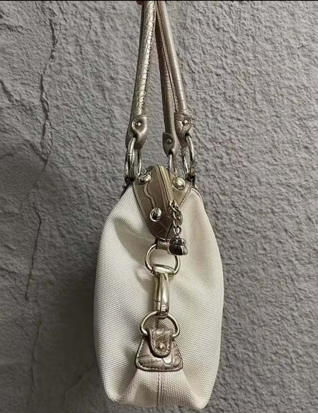 Cream and Brown Croc Print Handbag with Silver Chain accessories