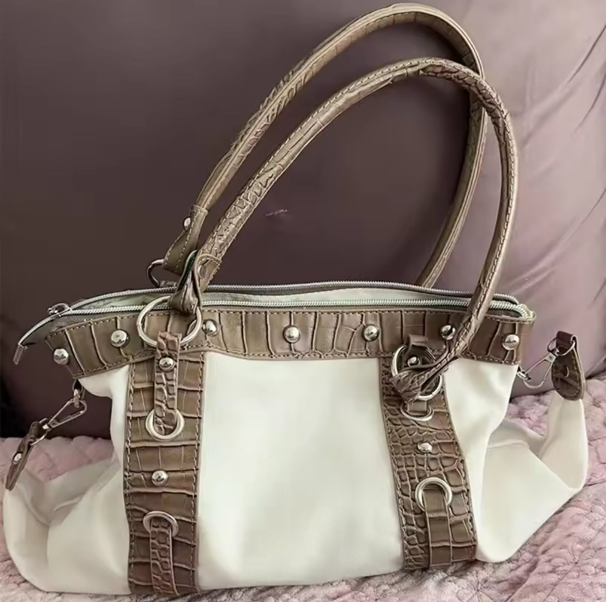 Cream and Brown Croc Print Handbag with Silver Chain accessories