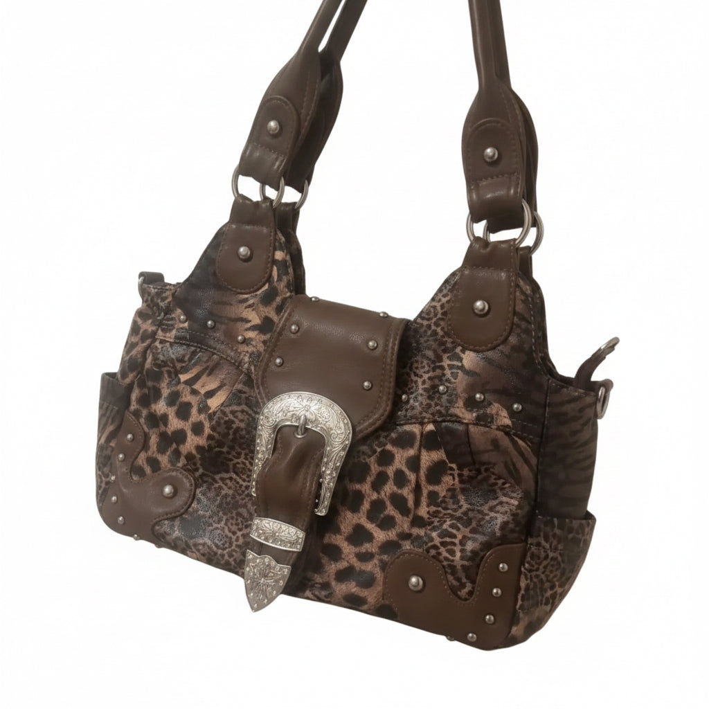 Leopard print and brown leather handbag with silver accents