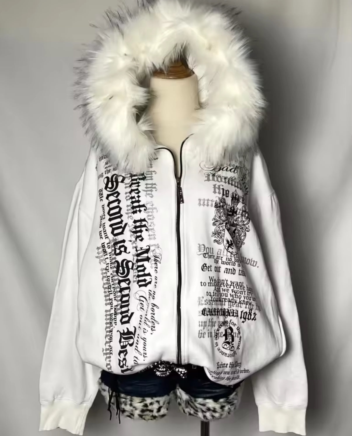 Y2K White Fur collar sweatshirt Gothic Retro Pattern Super Dalian Hat Zipper Sweatshirt