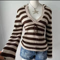 Y2K Knitted Sweater V-neck Pullover Women Full Sleeve Slim Stretch Knitwear Jumper tops Autumn Winter Stripe Brown & cream striped