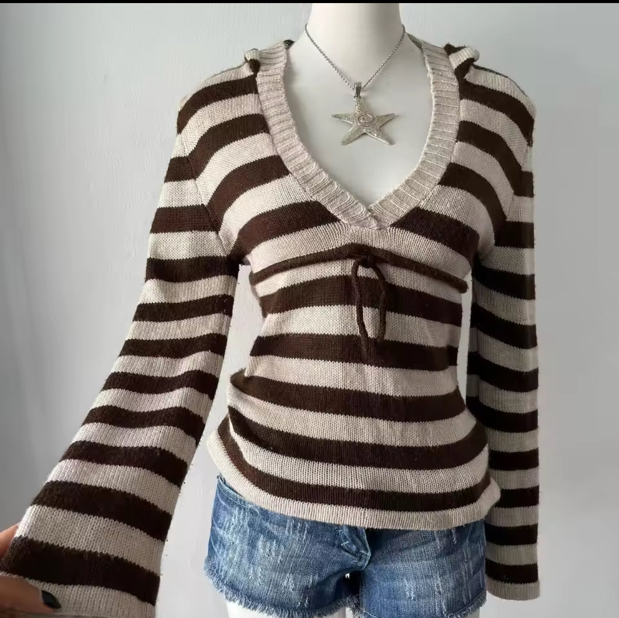 Y2K Knitted Sweater V-neck Pullover Women Full Sleeve Slim Stretch Knitwear Jumper tops Autumn Winter Stripe Brown & cream striped