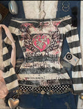Women's Y2K Sweet 2000S Pink Angel Heart Print,  Striped One-Shoulder Long-Sleeved T-Shirt