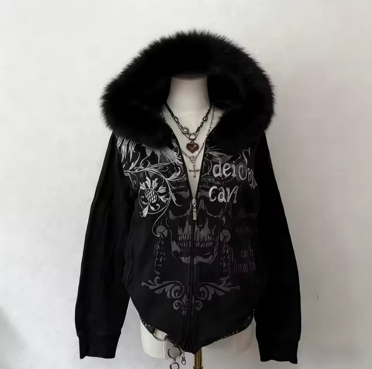 Y2K White Fur collar sweatshirt Gothic Retro Pattern Super Dalian Hat Zipper Sweatshirt