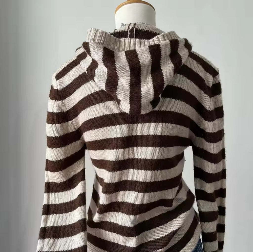 Y2K Knitted Sweater V-neck Pullover Women Full Sleeve Slim Stretch Knitwear Jumper tops Autumn Winter Stripe Brown & cream striped