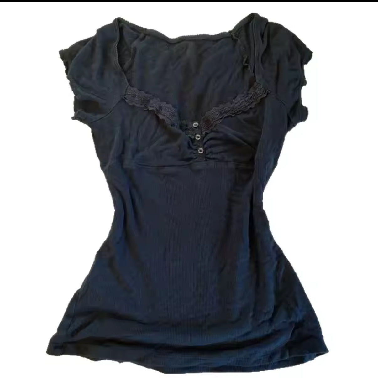 Black lace trim top with button detail