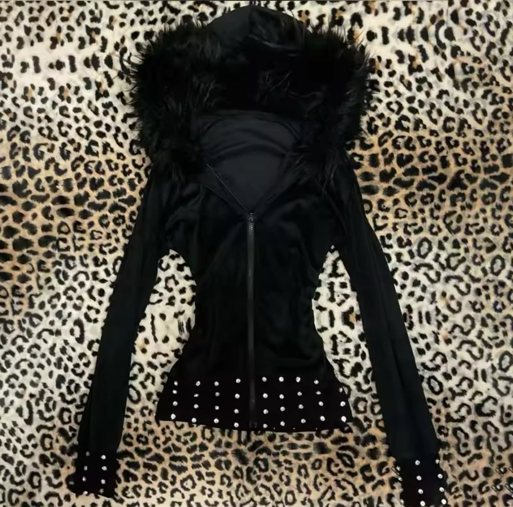 Black faux fur hooded jacket with rhinestone details