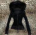 Black faux fur hooded jacket with rhinestone details