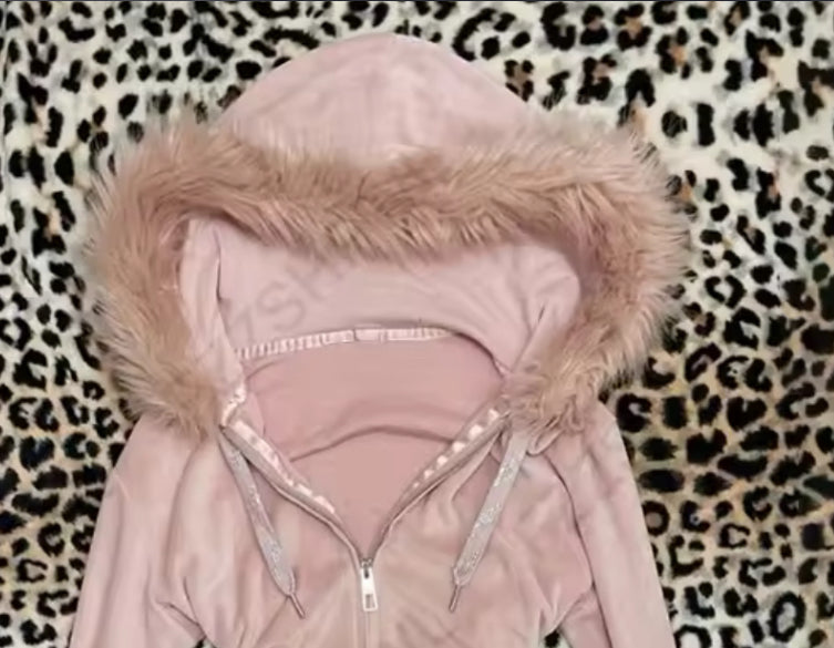 Pink faux fur lined zip up hoodie