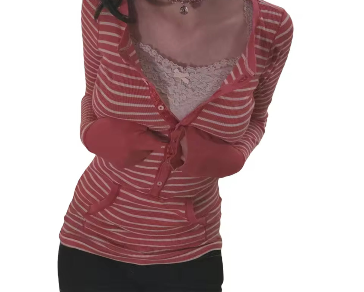 Striped Long Sleeve Top With Pockets